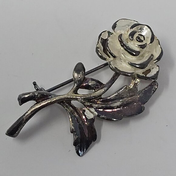 Vintage Shabby Chic White Rose Brooch Silver Tone Floral Costume Jewelry Pin - Picture 7 of 11